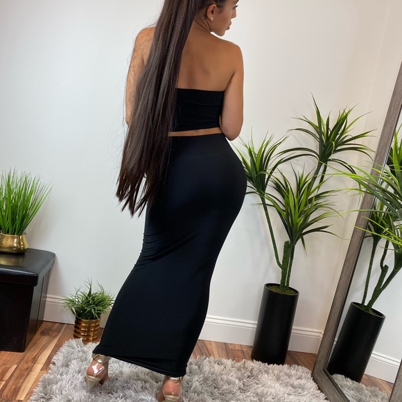 ‼️ Black Maxi Pencil Skirt Strapless Crop Top Set - Picture 4 of 8